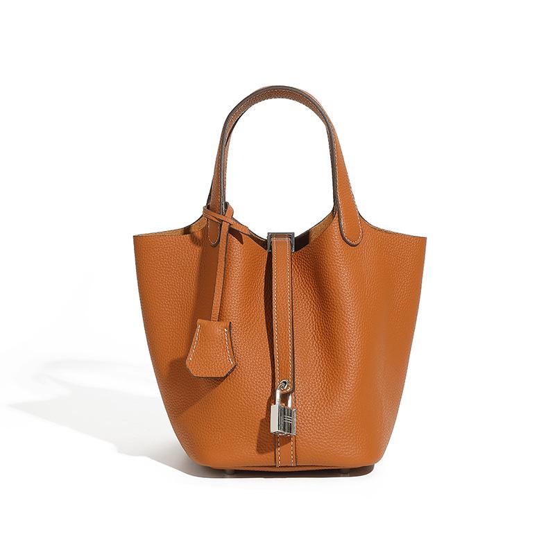 Damentasche aus echtem Leder, Gemüsekorb-Tasche, Modische Handtasche, Eimer-Tasche mit Litschi-Muster, Damen-Tasche One Size braun