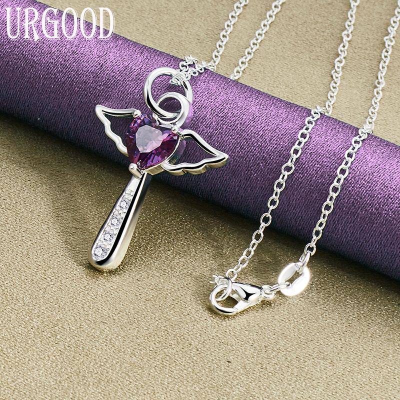 925 Sterling Silber Lila Zirkon Engelsflügel Herzanhänger Halskette Hochzeit Modeschmuck 45cm gray