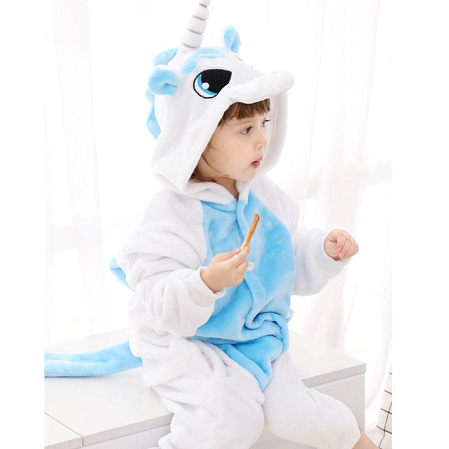 Kinder Kigurumi Katze Onesie Pyjama Mädchen Overall Tier Nachtwäsche Overall Kapuze Pyjama Ohne Schuhe 8T blau/weiß