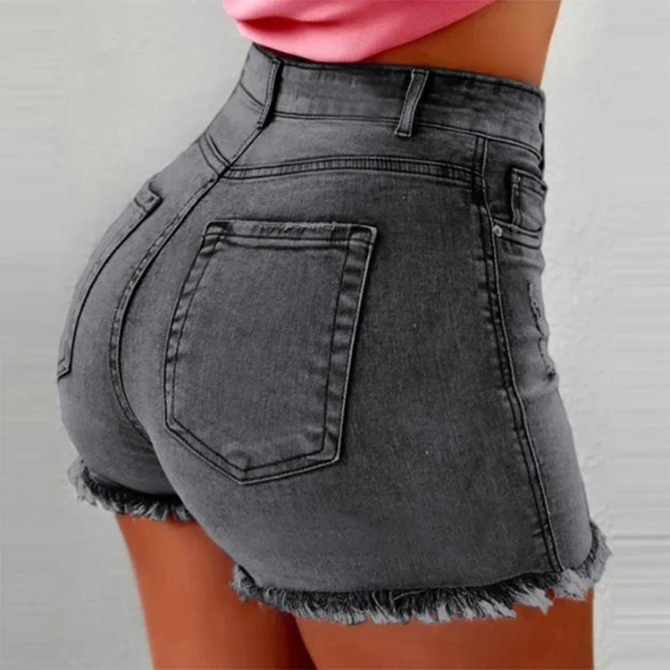 High Waist Short Pants Damenjeans Erhältlich in mehreren Farben Damen Denim Stretch Shorts Stretch Quaste Distressed L grau