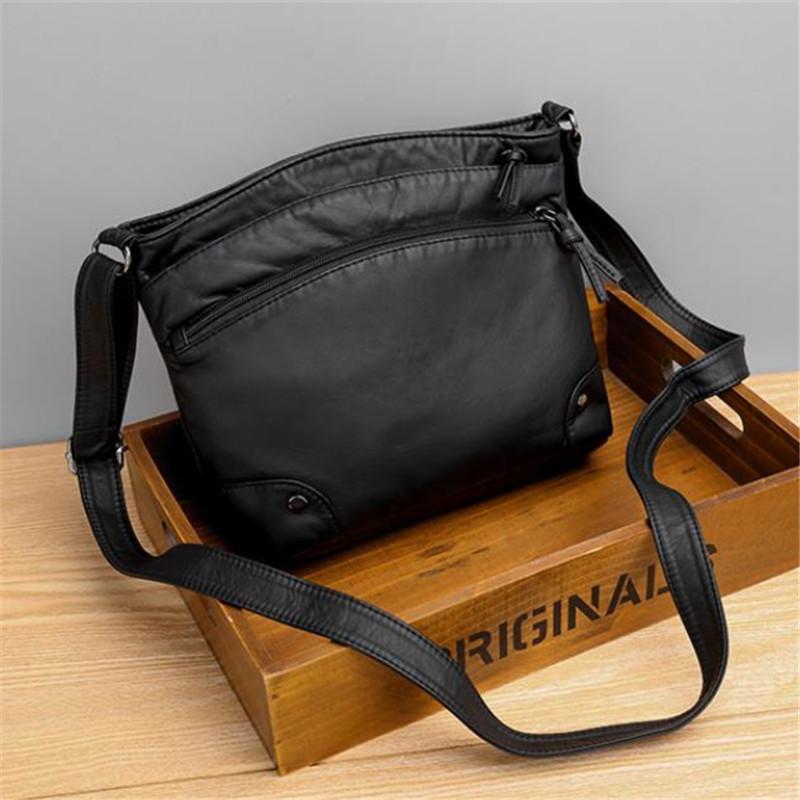 Vintage Messenger Bag aus weichem Leder, Retro Umhängetasche mit mehreren Fächern, Modische Damen Crossbody Bag & Geldbörse 29x22x10cm black