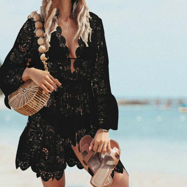 Sommer Frauen Tiefem V-ausschnitt Bikini Cover Up Floral Spitze Hohl Häkeln Badeanzug Cover-Ups Badeanzug Beachwear Tunika strand Kleid XL schwarz
