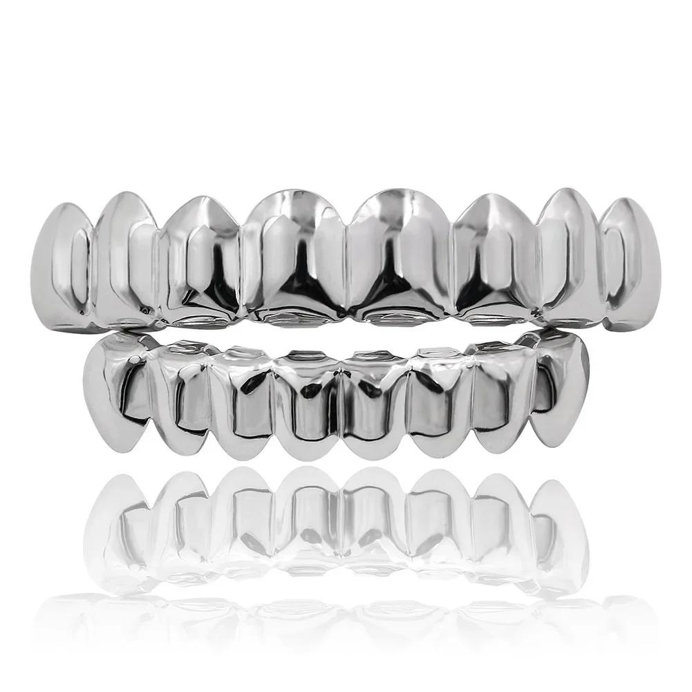 Gold Silber Plattiert HIP HOP Zähne Grillz Top & Bottom Grills Set Mit Silikon Echte Glänzende Vampirzahn Sets gray