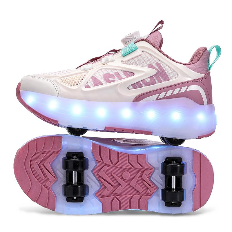 Sommer Heelys Schuhe Mädchen Mesh Atmungsaktiv Rollschuhe Studentinnen Vierrad Wiederaufladbar LED Sportschuhe Jungen Leuchtende Sportschuhe 39 violett/weiß
