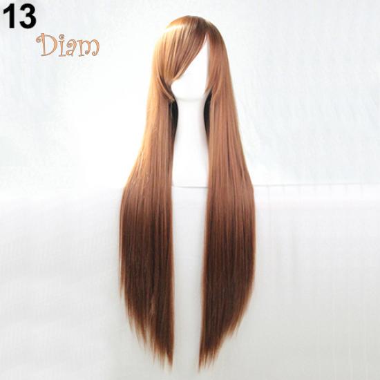 Fetong Mode Mädchen Frauen Lange Cosplay Schräge Pony Gerade Volle Perücken Haarverlängerung kaffeebraun