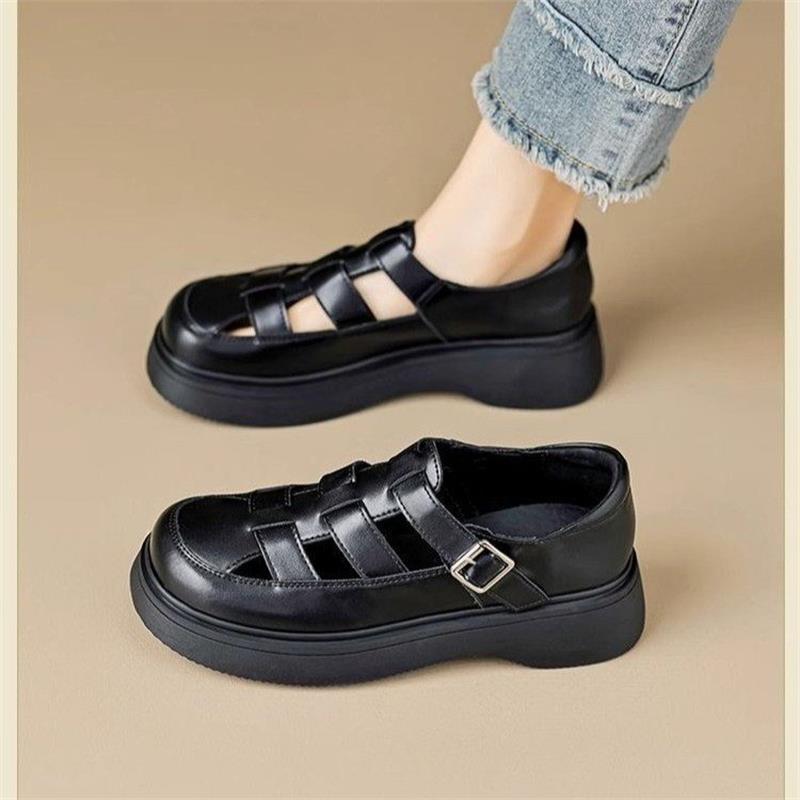 Damen PU Leder Hollow Plateau Sandalen Trend Mode Geschlossene Zehen Sandalen Weiche Sohle Rutschfest Römische Sandalen Sandalias De Mujer 35 schwarz