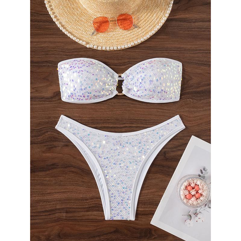 Pailletten Glänzend Bling Bandeau Bikini Damen Badeanzug Damen Bademode Zweiteiliges Bikini-Set Brasilianischer Badegast Badeanzug Schwimmen M weiß