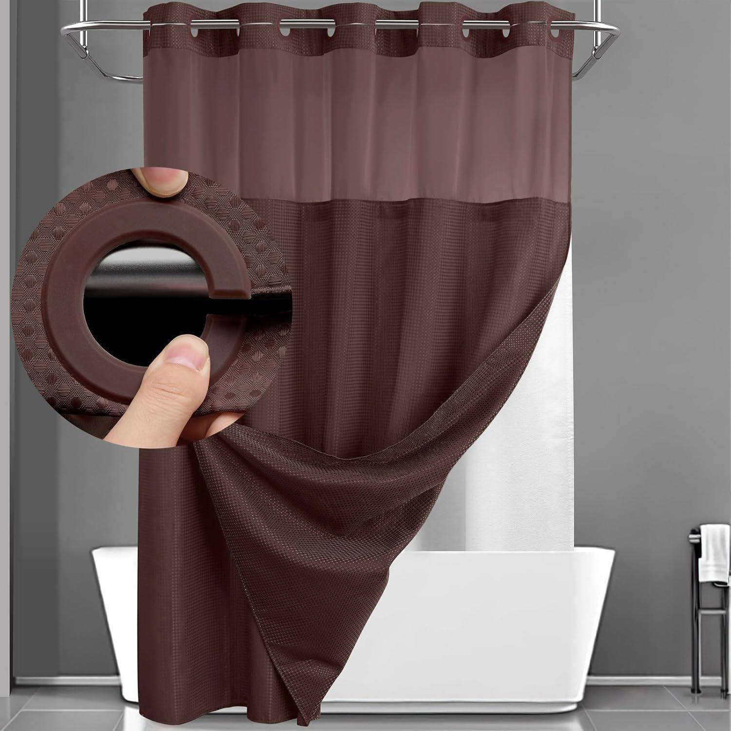 Hakenloses Duschvorhang-Set, Doppelt (mit Liner) Abnehmbarer weißer Duschvorhang 183*190cm braun