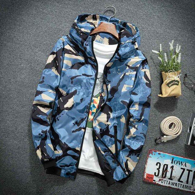 Windjacke Jacken Männer Casual Frühling Mit Kapuze Camouflage Jacke Herren Street Hip Hop Sportwear Camo Armee Jacke Kleidung XL blau