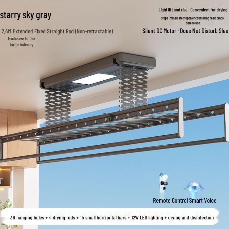 Empress Fei Einziehbarer Wäscheständer mit ferngesteuerter intelligenter Beleuchtung und automatischer Hebefunktion für den Balkon. Self Installation