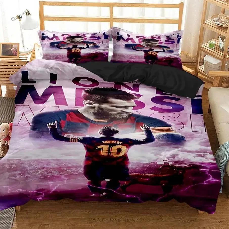 Messi Fußball-Superstar Bettwäsche-Set 3D-Druck FC Barcelona Bettbezug Bettwäsche-Set Weich King Full Size Bettwäsche-Set Für Jungen AU Single(140*210cm)3pcs