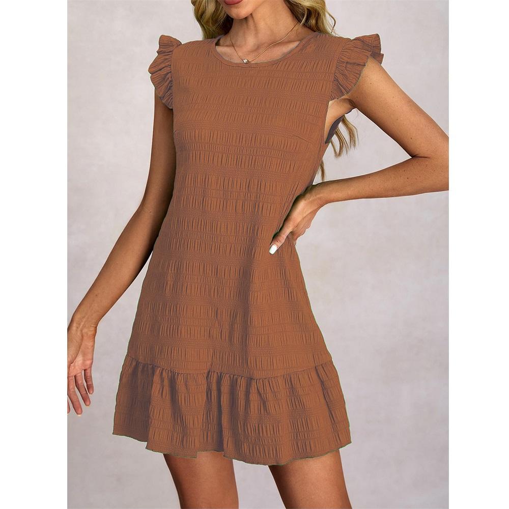 Damen Sommerkleider Damen Lässig Einfarbig Gerüscht Ärmellos Mini Kleid Gerade Vestidos Weiblich Vintage Kurze Kleider XL braun