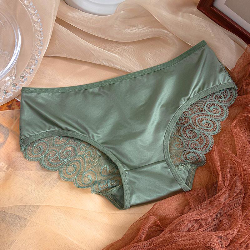Damen-Slip mit Schleife, mittlerer Taille, Satin, einfarbig, Spaghettiträger, Spitzen-Slip, ausgehöhlt, nahtlos L grün