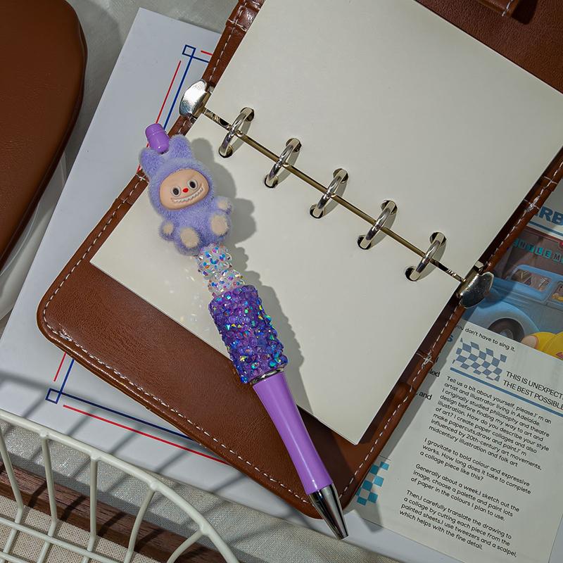 1 Stück Beflockung Labubu Kawaii Perlenband Stifte Niedlicher Cartoon Kugelschreiber Schüler Schreibwaren Bürobedarf Geschenke violett