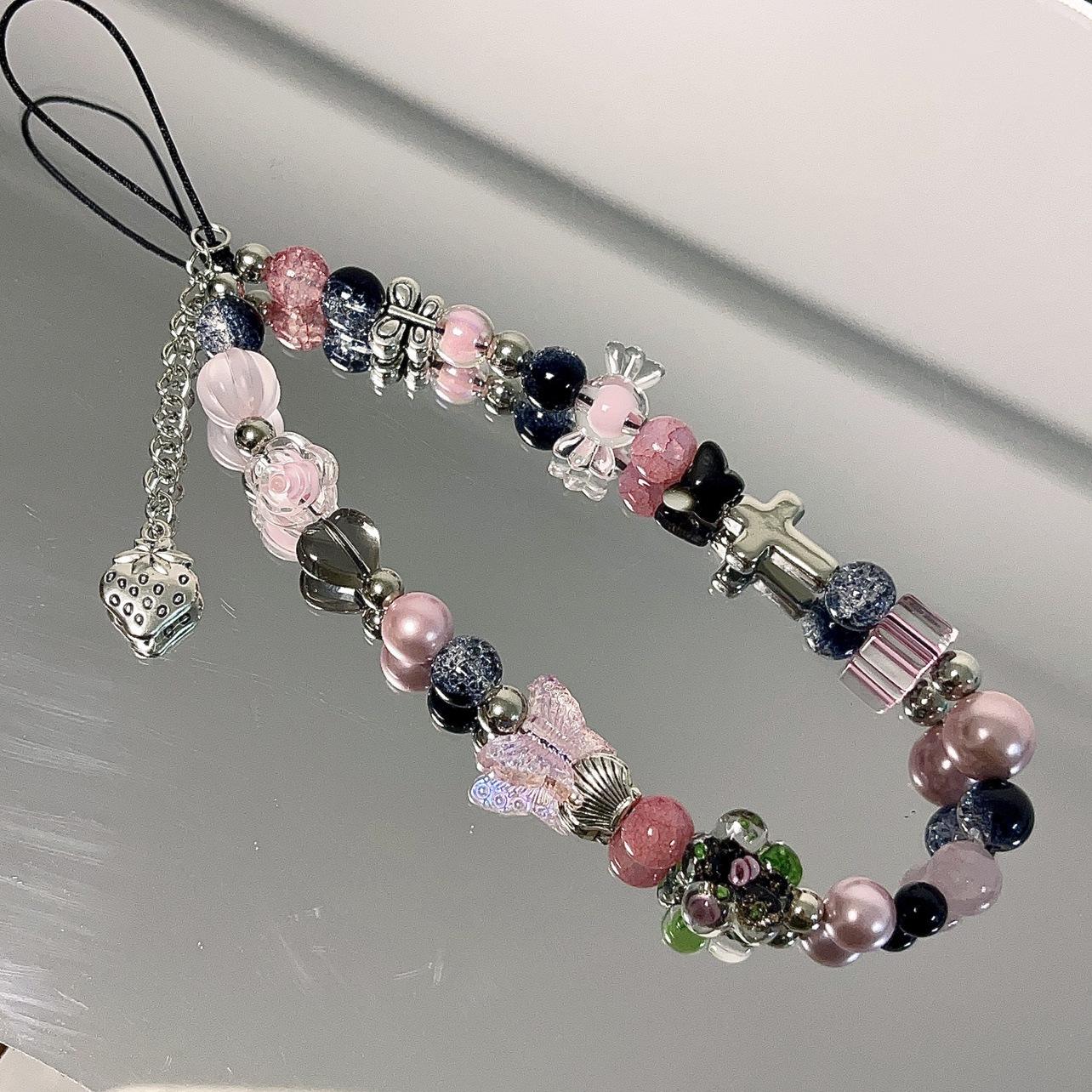 Süßer und cooler Stil Schwarz und Rosa Perlen CCD-Kamera Handgelenkschlaufe DIY Perlen Handykette Lanyard für Handy und Sofortbildkamera zur Verhinderung von Verlust XK08-Black and pink bead gray