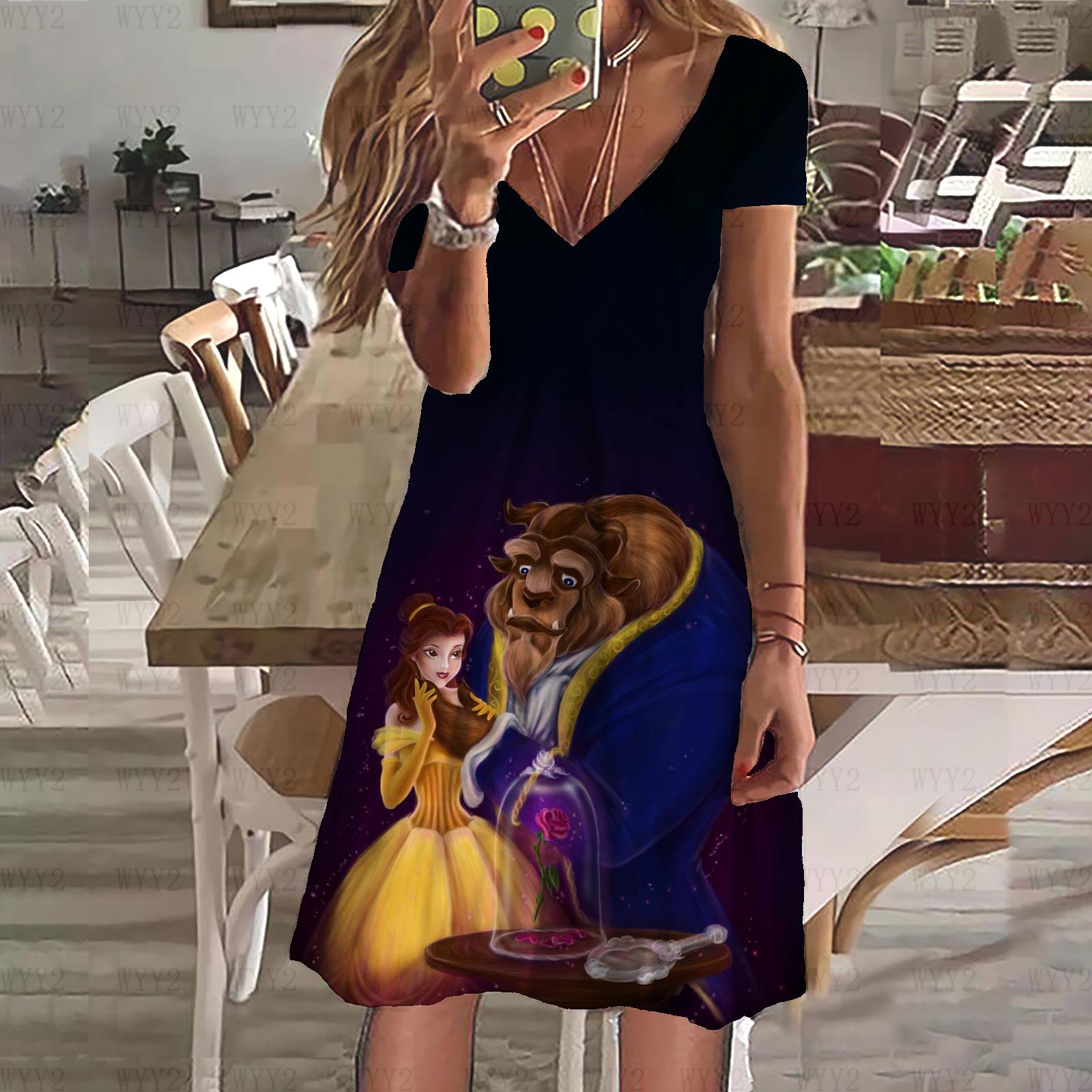 Neues Kleid Disney Die Schöne und das Biest Print Sommer Damen V-Ausschnitt Kurzarmkleid Damenkleidung Casual Street Style S
