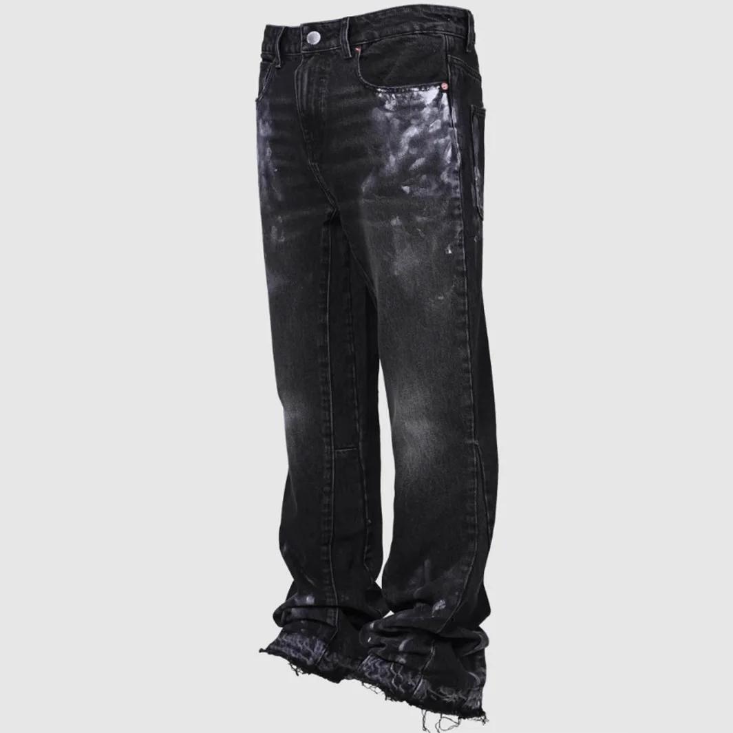 FlowStreet Herren Mode Jeans Arbeitshose, Europäische und Amerikanische Mode Arbeitskleidung Elastisch Patchwork Denim Schichtweise Ausgestellte Hose XXL schwarz