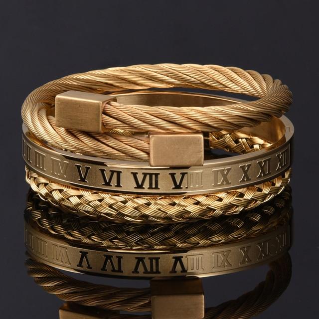 Luxus 3 teile/satz Edelstahl Armband Hip Hop Männer Schmuck Römische Zahl Charme Farbe Gold Schmuck Für Männer Pulseira Bileklik