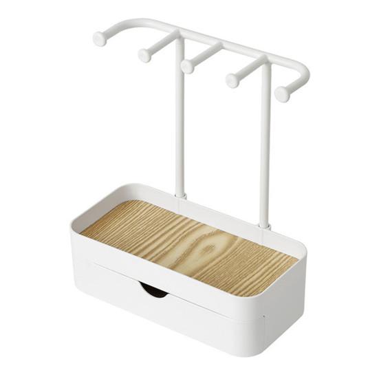 Schmuck-Organizer-Ständer mit 5 Haken, Halskettenhalter-Ständer mit Holztablett, rutschfestes Design, Schmuck-Organizer-Ständer für Halsketten, Armbänder, Ohrringe Dual Layer weiß