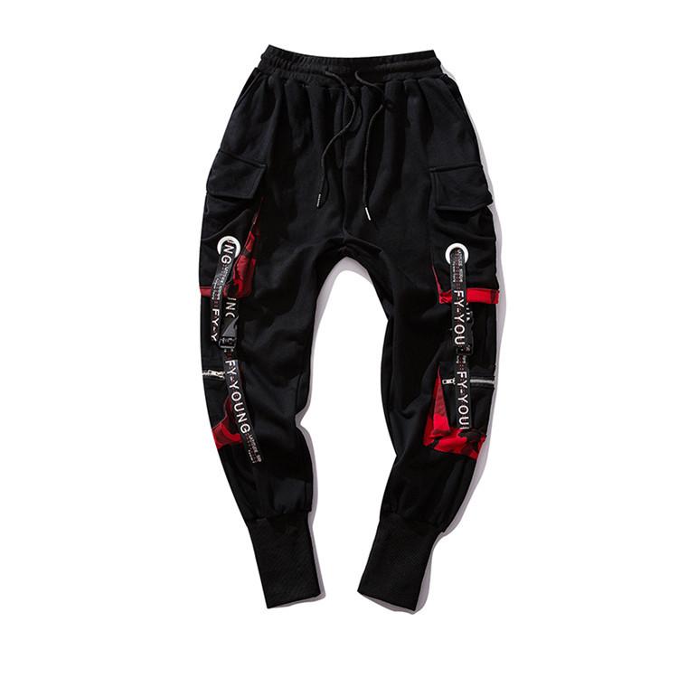 Streetwear Frühling Herbst Baumwolle Jogger Männer Hip Hop Mode Bänder Multi-taschen Casual Hosen Für Männer XXL schwarz