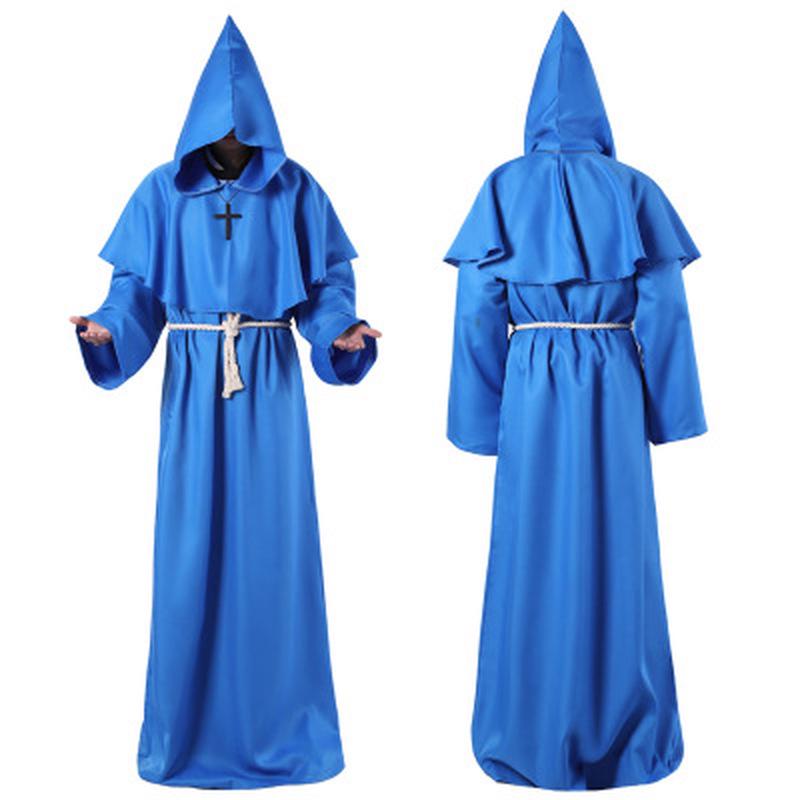 Zauberer Kostüm Cosplay Mittelalter Mönch Mönch Robe Priester Kostüm Antike Kleidung Christlicher Anzug XXL blau