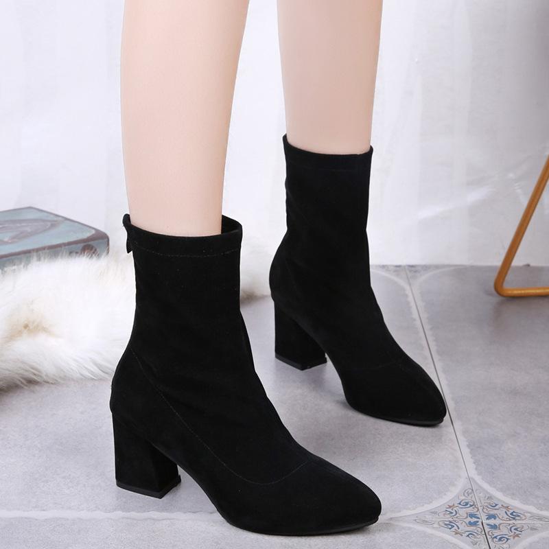 Schwarzer Flock Dicke Ferse Stiefeletten Damen Winterschuhe Schön Elegant Hoher Absatz Spitz Zehen Warm Halten Kurze Stiefeletten Damen 39