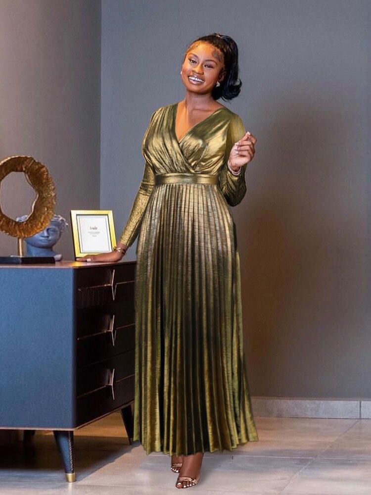 Plissee-Kleider mit V-Ausschnitt, lange Ärmel, goldfarben, hohe Taille, metallisch, knöchellang, Abendveranstaltung, Cocktailparty-Kleider für Damen M gold