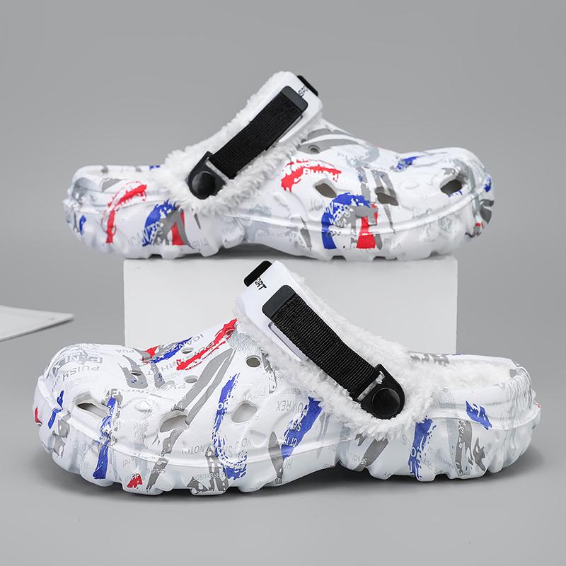 Fuzzy Herren Clogs Outdoor Hausschuhe Winter Fell Herren Hausschuhe Wasserdichte Gartenschuhe Herren Warme Hausschuhe Anti-Rutsch Fell Hausschuhe 46
