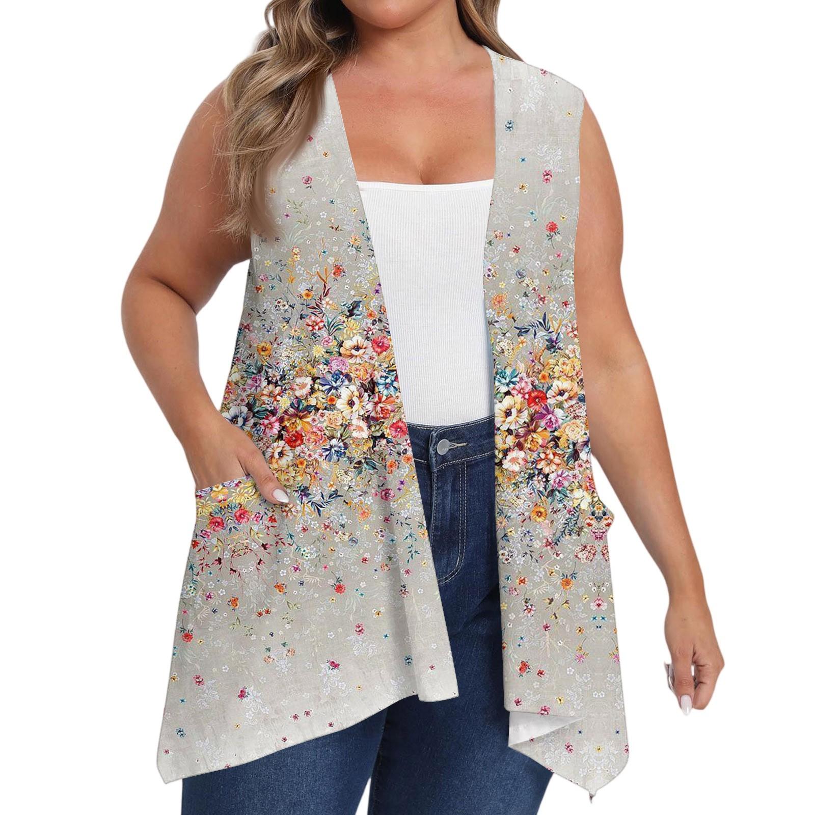 Damen Übergröße Locker Lässig Bedruckt Ärmellos Weste mit Tasche Strickjacke Jacke Strickjacke Jacke XXXXL khaki