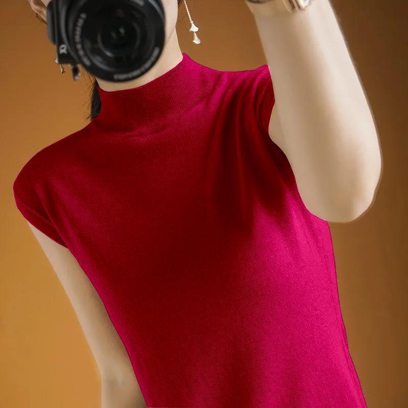 Dünnes Camisole-Top Damen Sommer Halbochgeschlossenes Kurzarm-T-Shirt Damen Gestricktes Lockeres Temperament Ärmelloses Top Damen Basisshirt 3XL rot