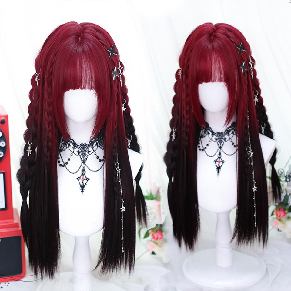 Synthetische rote Ombre schwarze Farbe Lolita lange gerade Perücken mit Pony tägliche Party Cosplay Perücke für Frauen