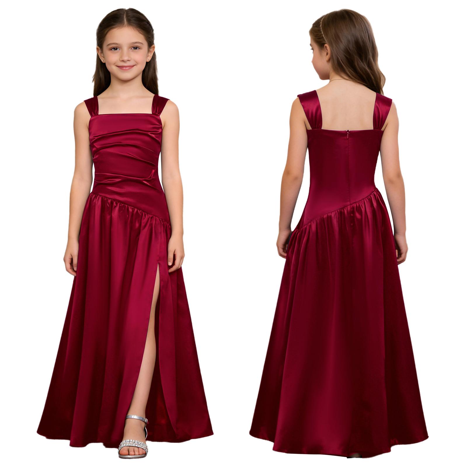 Elegantes Satin-Kleid für Mädchen Ärmellos Raffinierter Oberteil Asymmetrischer Drop-Waist A-Linie Seitenschlitz für Taufe Hochzeit Party 11-12 Years bordeaux