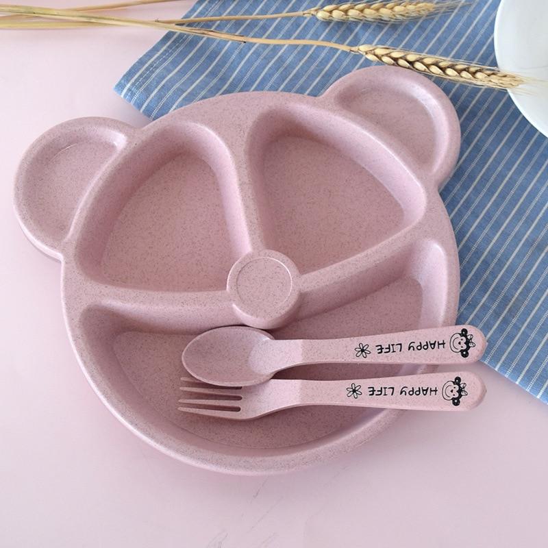 Baby Schüssel + Löffel + Gabel Füttern Lebensmittel Geschirr Set Cartoon Bär Kinder Gerichte Essen Geschirr Anti-heiße Weizen stroh Ausbildung Platte rosa