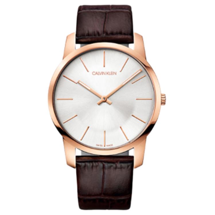 Calvin Klein City Series Uhr Quarzwerk Lederarmband Silbernes Zifferblatt Herrenuhren K2G21629 Regular Watch Box,Silver Dial Coffee Strap