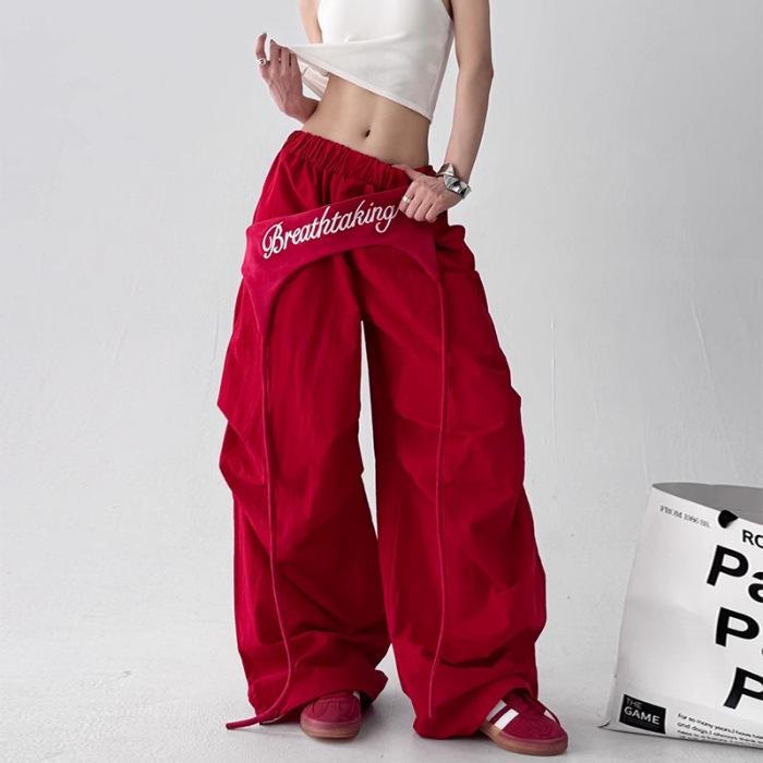 Retro Weitbeinige Hosen für Damen, Sommer Amerikanischer Jazz Street Dance, Locker Gerade Bein Arbeitshosen XXL rot