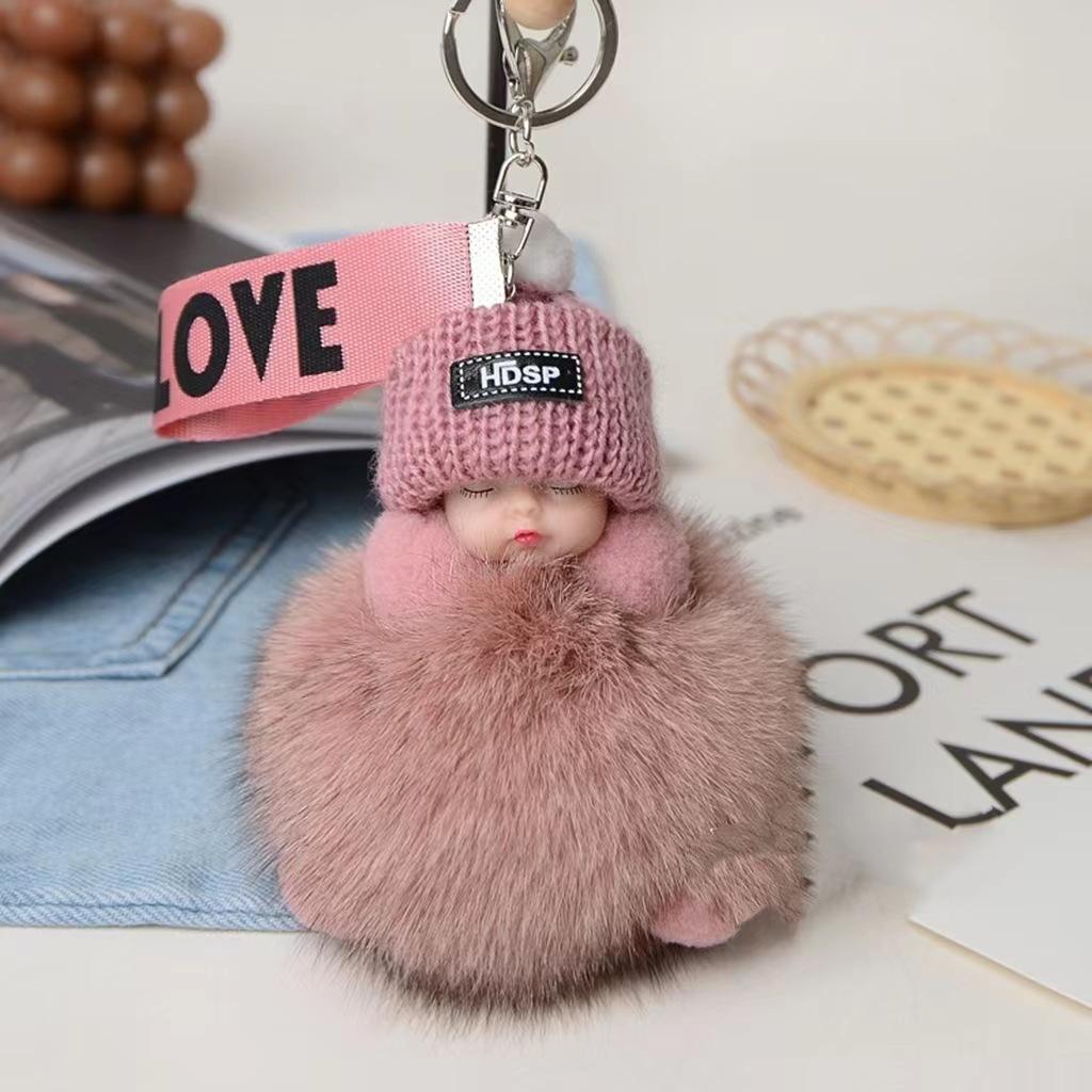 Neue Mode Nette Frauen Tasche Anhänger Plüsch Anhänger Schlaf Puppe Auto Schlüsselbund Anhänger Weihnachten Geschenk dunkel rosa