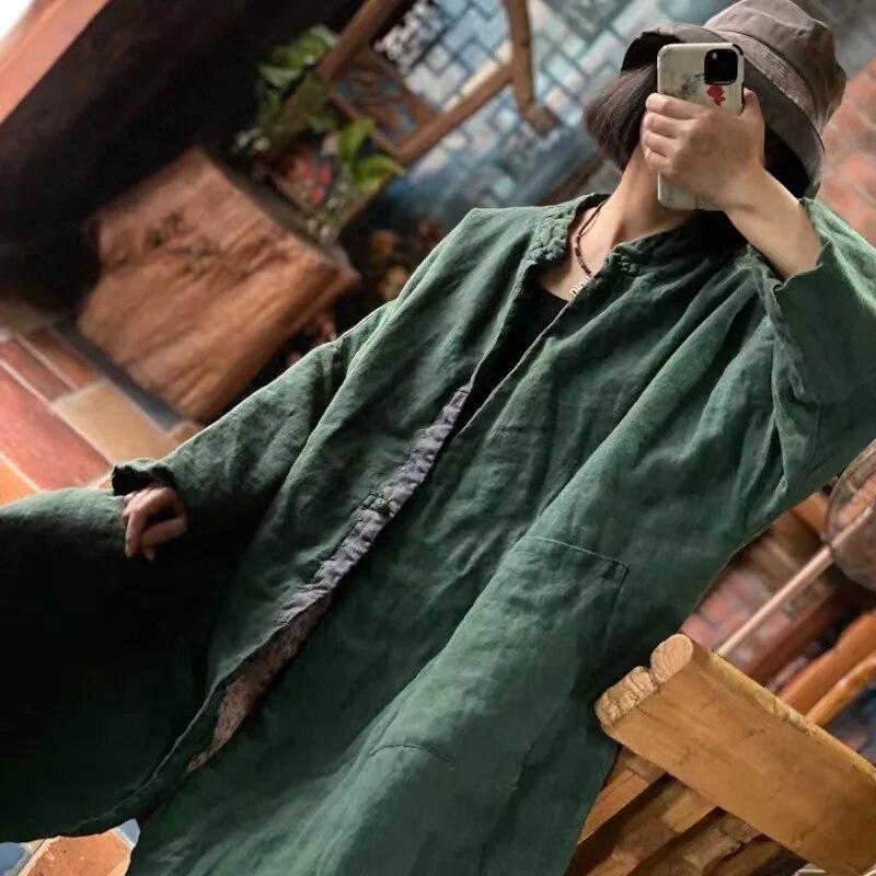 Johnature Leinen Druck Vintage Frauen Mäntel Chinesischen Stil Frühling Volle Hülse Lose Retro Oansatz Baumwolle Warme Parkas Mäntel One Size dunkelgrüne