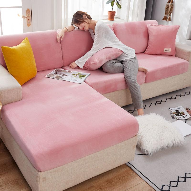 Samt-Sofa-Sitzbezug, dicker Jacquard, solide, weiche Stretch-Sofa-Schonbezüge, Möbelschutz enlarge size-5 rosa