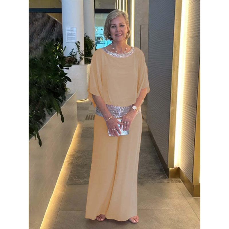 YYFS Damenmode Casual Frühling Herbst Einfarbig Druck 1/2 Ärmel O Hals Hosen Anzüge L khaki