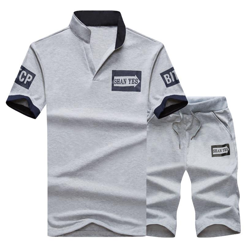 Sportanzüge Set Menfitness Anzüge Sommer Short Set Herren Stehkragen Mode T-Shirt Shorts Trainingsanzug L