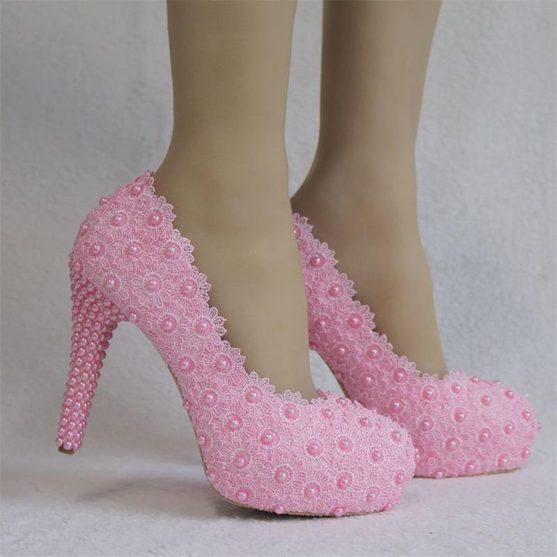 Damen Plateau High Heels Blumen weiße Spitze Hochzeitsschuhe Damen Pumps große Größe Damen Brautschuhe Damen High Heels 41 rosa