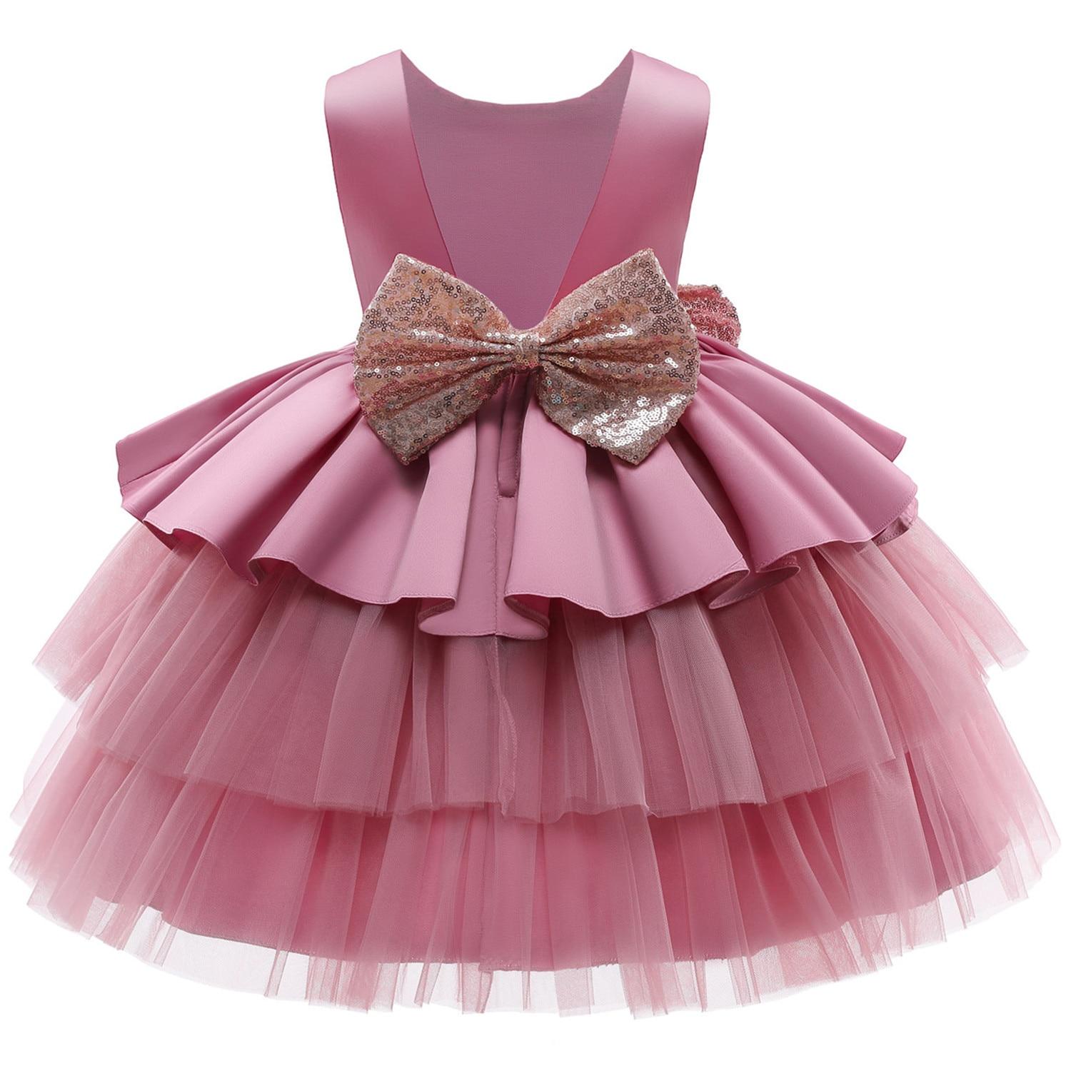 Kleinkind Baby Mädchen Kleid Große Schleife Taufkleid für Mädchen Erstes Jahr Geburtstag Party Hochzeitskleid Babykleidung Tutu Flauschiges Kleid 90cm rosa