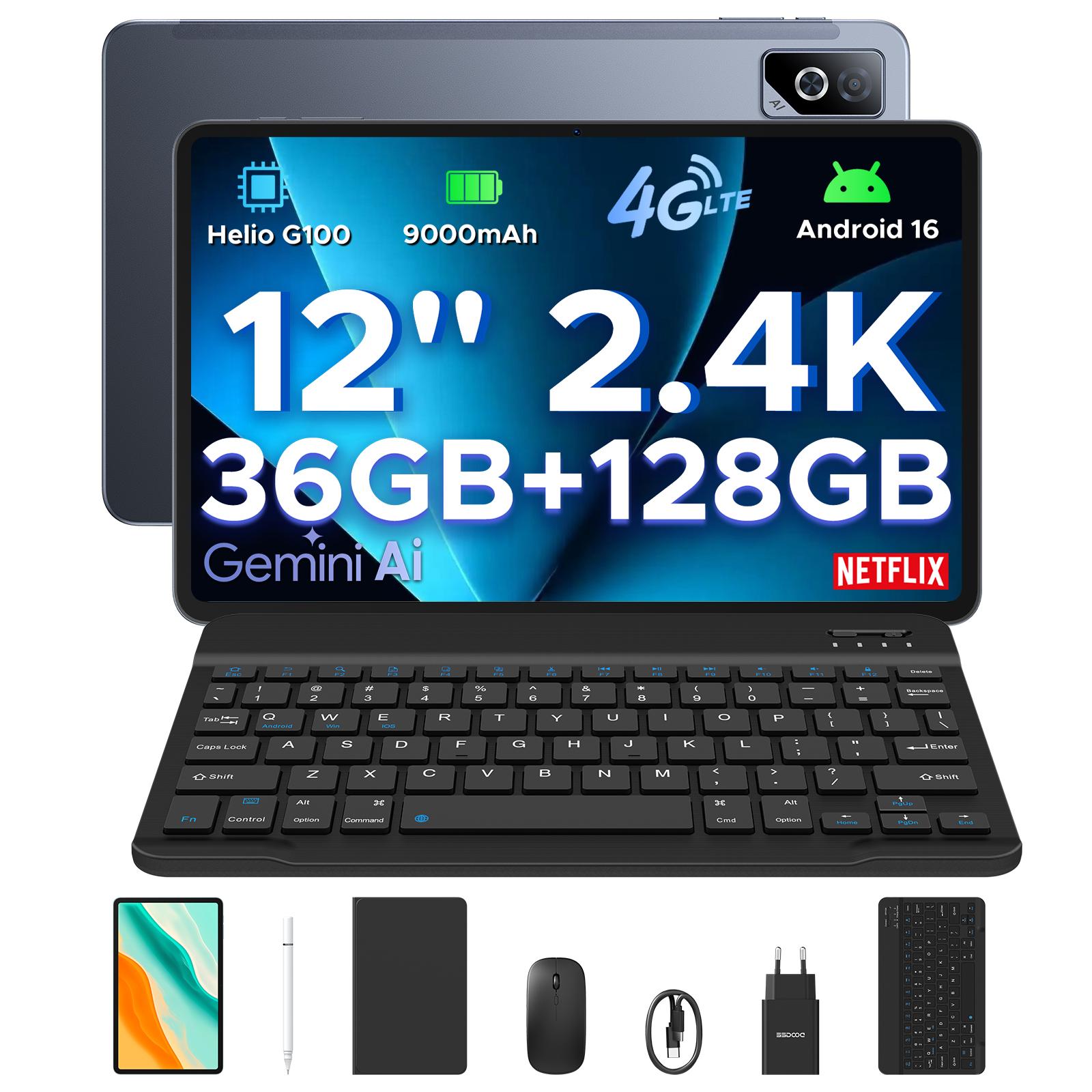 DOOGEE Tab G6 Pro 12 Zoll 2,4K Tablet, Android 16 Tablet mit Tastatur, 36 GB + 128 GB / 2 TB, 9000 mAh Akku, 4G LTE, Tablet mit Stift, Maus & Hülle graue