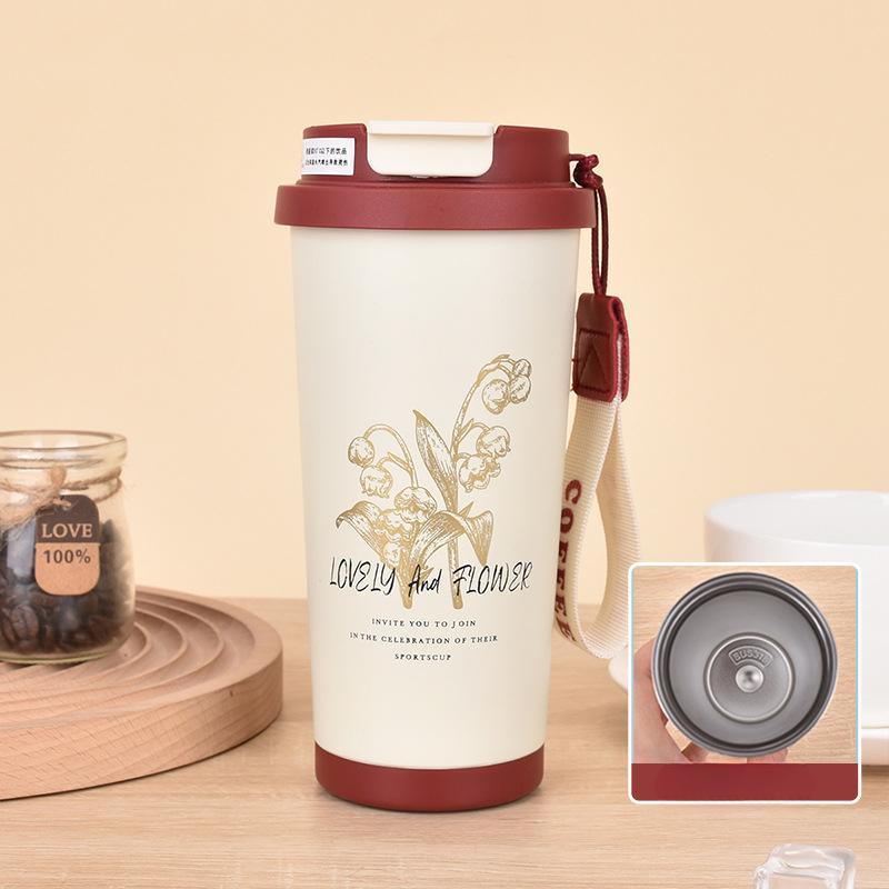 Neue Mode Edelstahl Thermos Tasse Hohe Aussehen Ebene Convallaria Doppel Trinken Kaffee Tasse mit Seil 530ml
