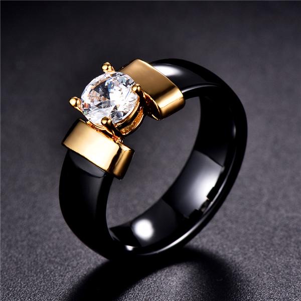 Glatter schwarz-weißer Keramikring, einfacher Kristallschmuck für Braut und Bräutigam, Geschenke, Größe 6–10 9 gold/schwarz