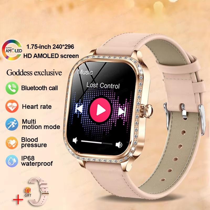 2025 Neue Mode Smart 1,75 HD Display Uhr Damen AMOLED Gebogener Bildschirm IP68 Wasserdicht Gesundheit Anruf Smartwatch Apple Watch Damen für Damen Geschenk leather Belt rosa
