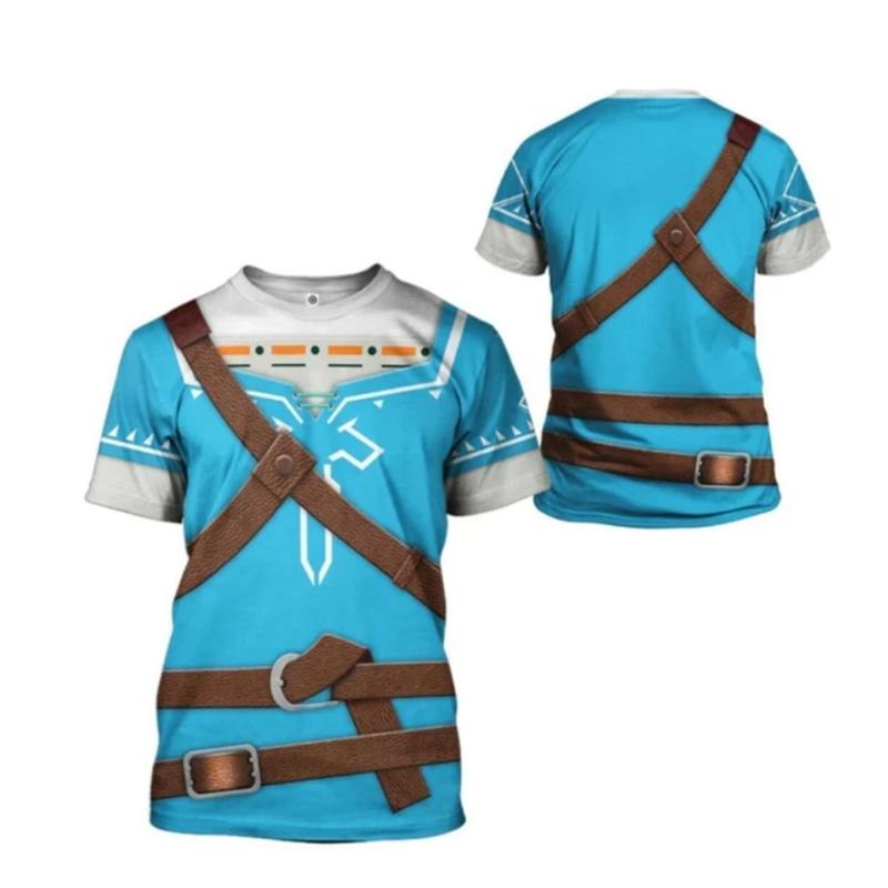 Zelda Cosplay Sommer Herren Ethnische Elemente Bequemes und Atmungsaktives Mesh-T-Shirt Herren Street Leisure Rundhals Kurzarm S
