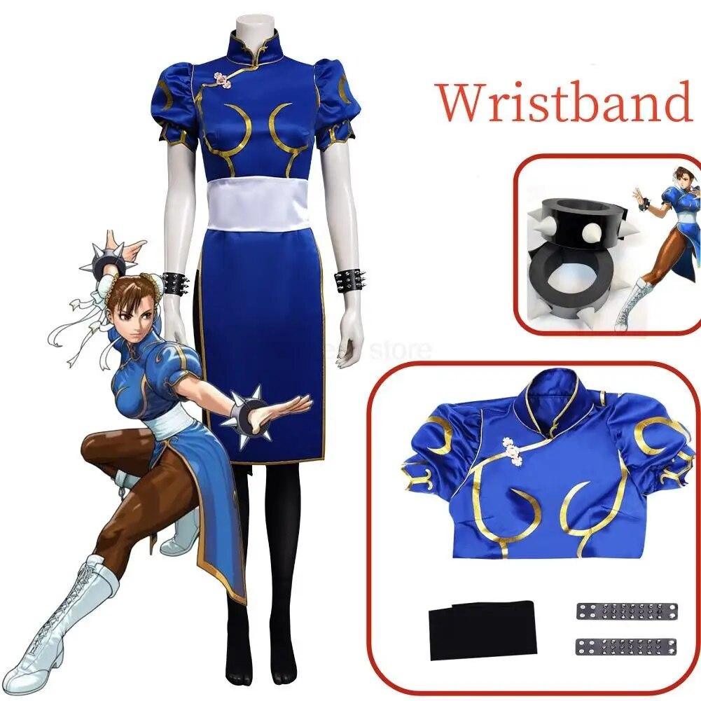 2024 Chun Li Cosplay Kostüm Anime Spiel Cosplay Kostüm Kleid Outfit Frauen Feamle Damen Halloween Party Rolle Spielen Kleidung SF L-(Full set+wig)