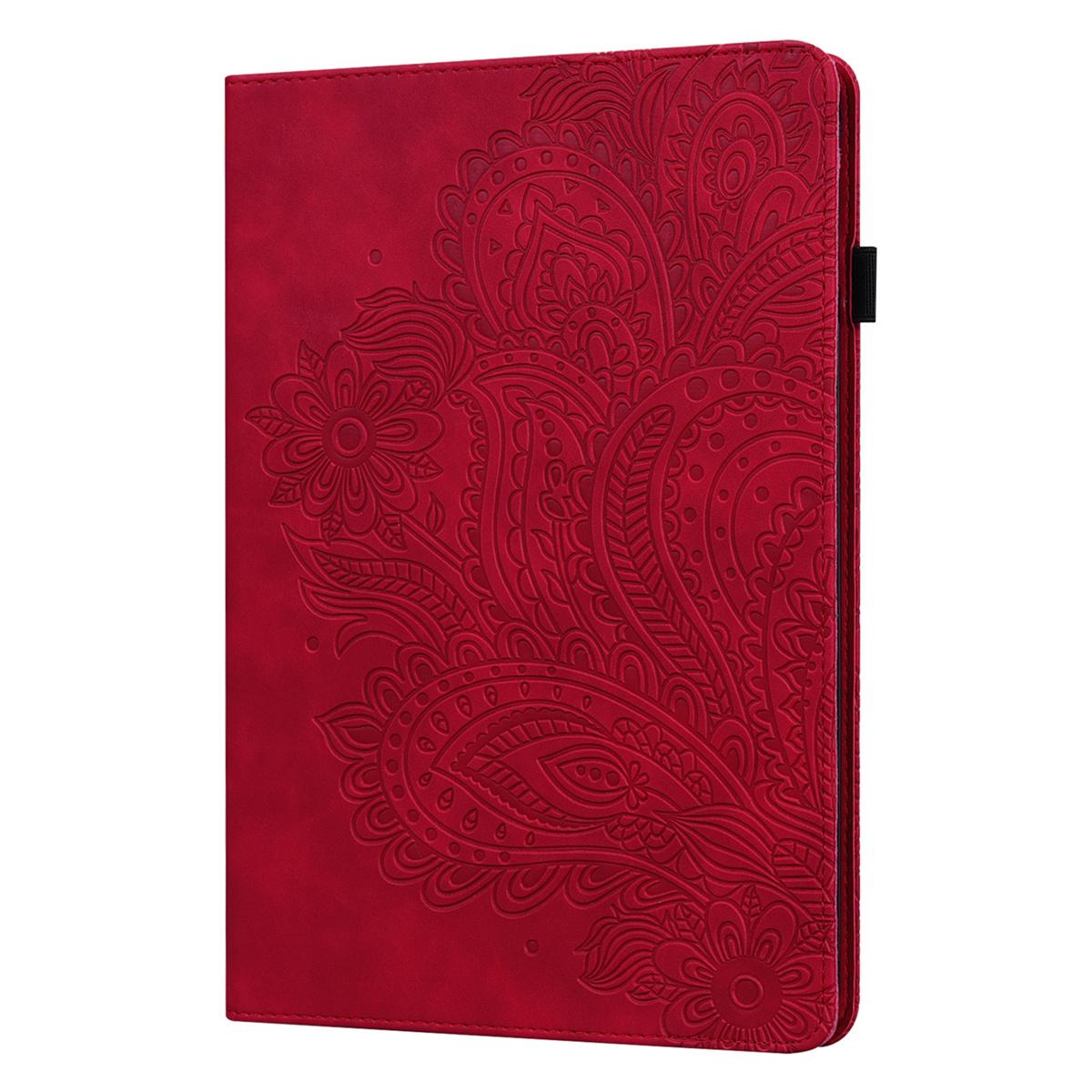 Für Apple iPad/Samsung Galaxy Tab/Huawei Matepad/Amazon/Lenovo Tab/Redmi Pad/Realme Pad Leder Prägeprozess Pfauenblume Tablets Hülle Apple iPad Air (2022) rot