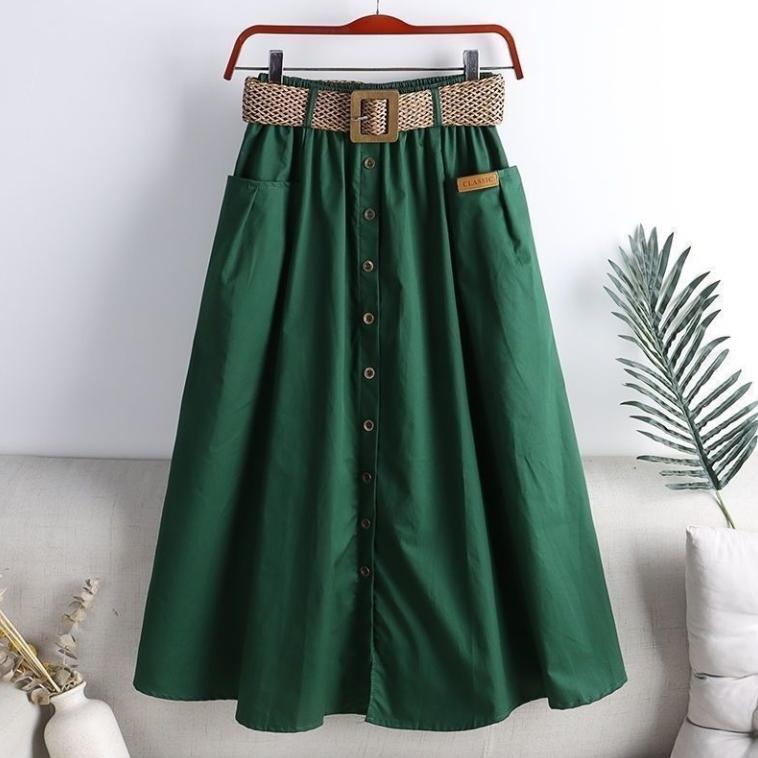 Baumwolle Midi Rock mit Gürtel Frauen Einreiher große Taschen hohe Taille A-Linie Rock Herbst Sommer koreanische Mode langen Rock M grün